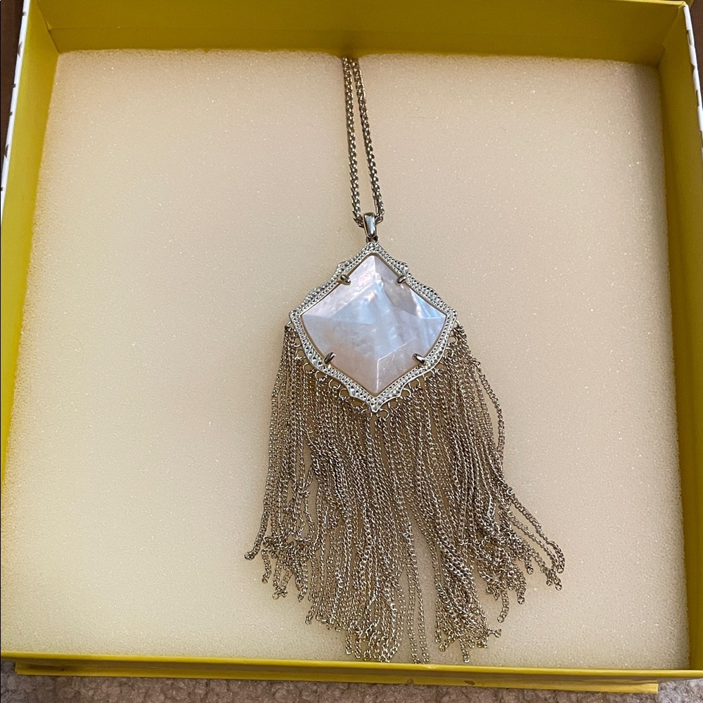 Kendra Scott Long Adjust Gold Brass Necklace with White Mother of Pearl Pendant